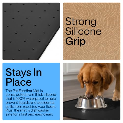 Image of GORILLA GRIP 100% Waterproof Raised Edge BPA Free Silicone Pet Feeding Mat, Dog Cat Food Mats Contain Spills Protects Floors, Placemats for Cats and Dogs Water Bowl, Pets Accessories 23x15 Black