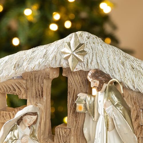Image of Glitzhome Holy Family Nativity Scene Set Indoor 8 inch H, Gold Ivory Believe Manger Nativity Set for Christmas Decorations, Christian Religious Nativity Sets & Figures Xmas Home Mantel Fireplace
