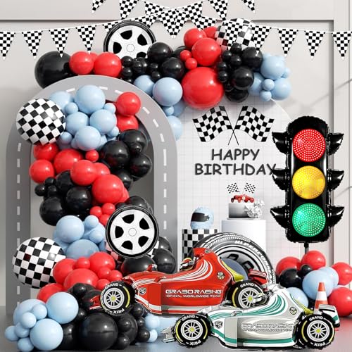Image of Race Car Balloons Kits 31inch Traffic Light Balloon Red Blue Race Car Birthday Party Decorations Transportation Light Balloons Checkered Pennant Banner Fast One Birthday Party Supplies