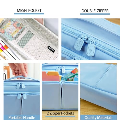 Image of Pencil Case Large Capacity Pencil Pouch Pen Bag with Handle, Portable Pencil Case Pencil Bags with Zipper Student Stationery Bag for Girls and Boys Teen Adults Men Women (Light Blue)