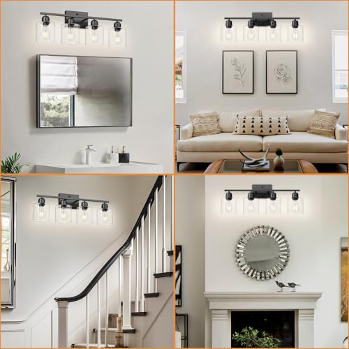 Image of Modern 4 Light Bathroom Light Fixtures, 24 inch Black Vanity Lights for Bathroom with Clear Glass, Bathroom Vanity Light for Mirror Kitchen Living Room Hallway Cabinet Porch