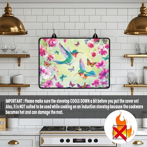Image of Poceacles Stove Cover for Cooktop, Electric Stovetop Protector Cover Non-skid Multipurpose Induction Electric Stove Burner Mat Easy to Clean, Hummingbird Floral Butterfly Green