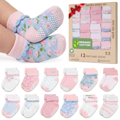 Image of GOTS Organic Cotton Blend 12 Baby Newborn Socks 0-6 M Girl Non Slip Gift | Oeko-Tex Certified, Baby Socks, 12 Pairs, Baby Girl Socks, Baby Girl Socks, Pink, For Baby Girls, 0-6 Months, Baby Socks