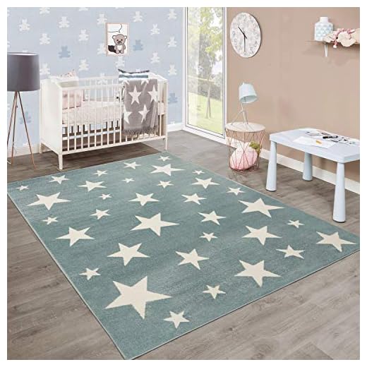 Moderna Alfombra Pelo Corto Estrellas Habitación Infantil Pastel Turquesa Blanco, tamaño:80x150 cm