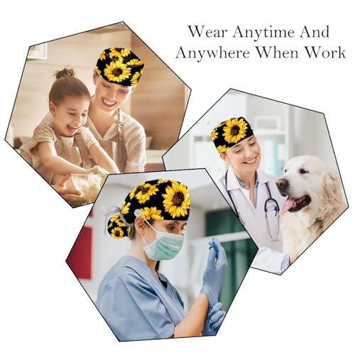 Image of 2 PCS Bouffant Cap with Button Ponytail Pouch Working Cap Sweatband Adjustable Surgical Cap Black and White Cow