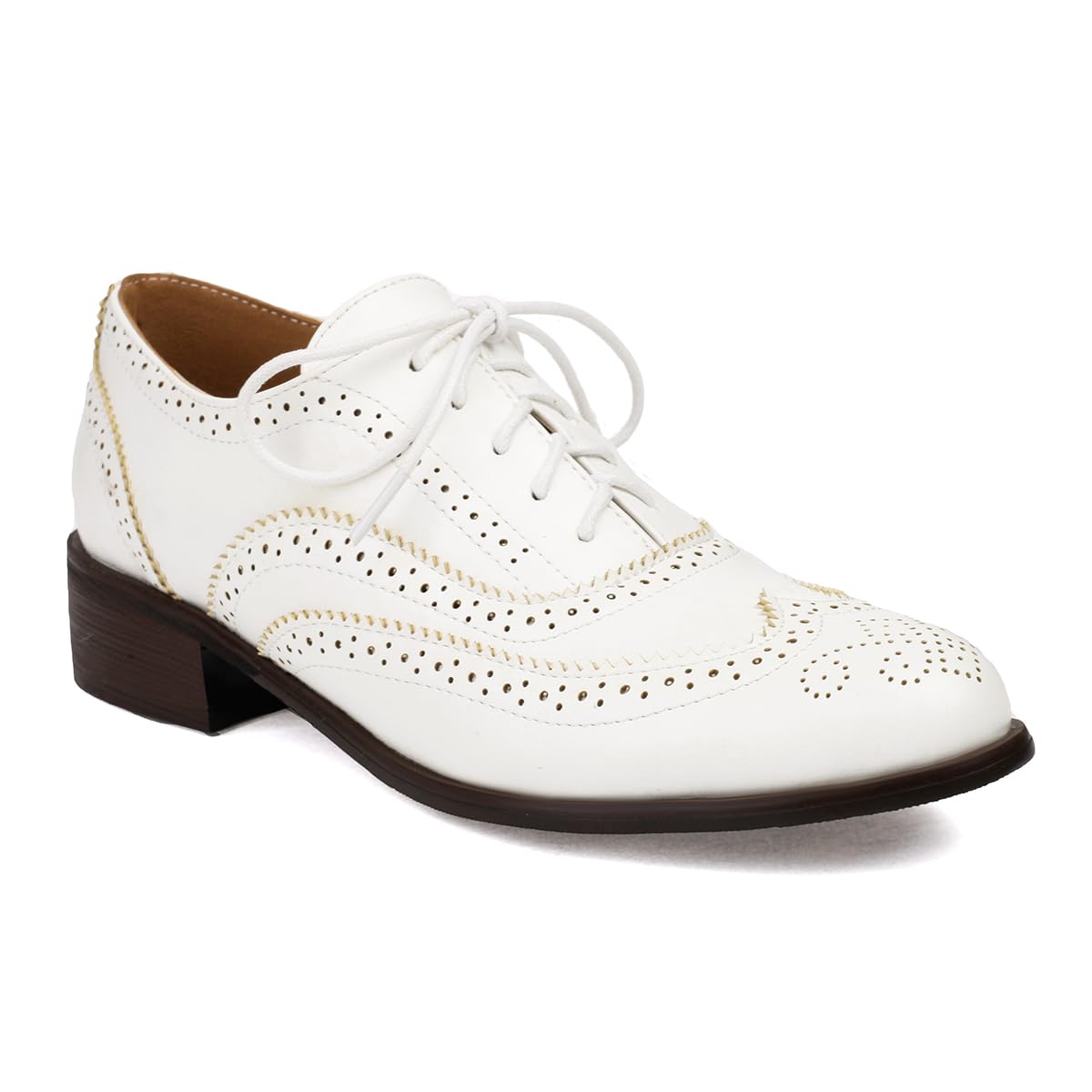 Femmes Perforated Classique Lacets Oxfords Brogue Wingtip Bout Rond Derby Saddle Simili Cuir Plat Chaussures Soirée Fête Travail Jeans Dress Chaussures