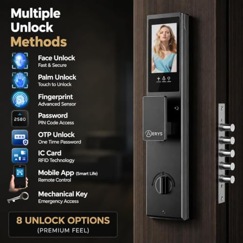 Image of AERYS Smart Digital Waterproof Door Lock | 8-in-1 Access with Face ID, Palm, Fingerprint, PIN, RFID, OTP, Key & App | Remote Unlock | Video Live Monitoring | Five Cylinder Security (3 Years Warranty)