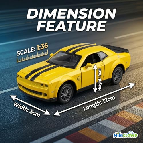 Image of Challengr SR-T Diecast Model Car, 1:36 Scale, Openable Doors and Trunk, Engine Sound and Lights, Metal Diecast Car for Kids and Collectors (Yellow)