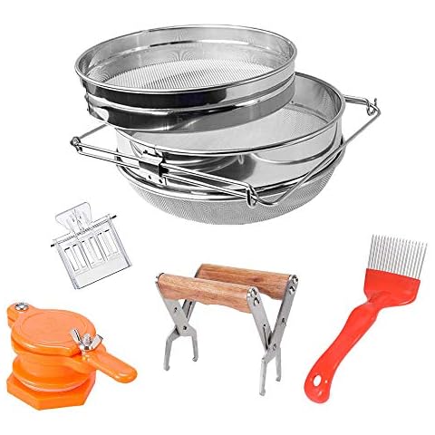 Mr.Bee Honey Harvesting Beekeeping Starter Tool Kit Set of 5 Double Sieve Stainless Steel Honey Strainer, Frame Holder, Uncapping Fork, Honey Gate Extractor and Queen Catcher for Beekeeping Supplies Cover