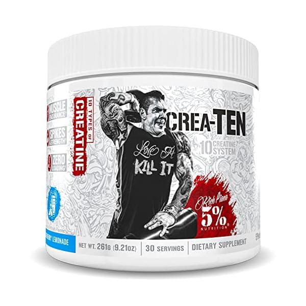 Rich Piana 5% Nutrition CreaTEN 10-in-1 Formula | Flavored Creatine Powder for Muscle Gain | Enhance Power, Strength, Endurance, & Recovery | 9.21 oz, 30 Srvngs (Blueberry Lemonade)