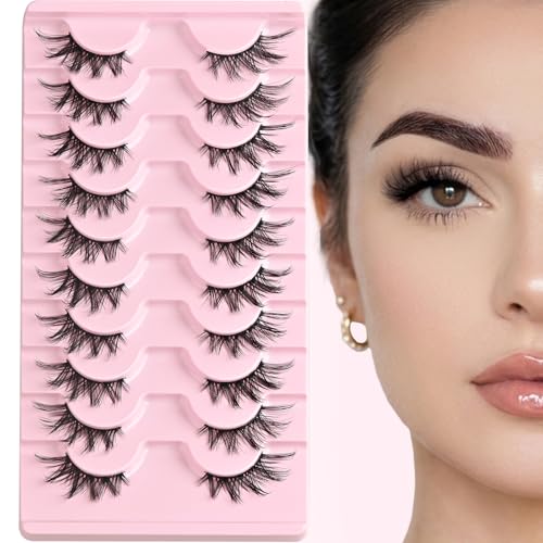 FARRED Half Eyelashes Natural False Lashes Wispy Cat Eye Strips Eyelash 10 Pairs Faux Mink Strip Eye Lashes Pack for Daily Makeup (C10 | 8-15MM)