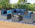 Shintenchi 5 Pieces Outdoor Patio Furniture Sets, Patio Sectional Sofa Couch, Silver Gray PE Wicker Furniture Modular Patio Conversation Sets Patio Sofa with Washable Cushions & Table (Aegean Blue)