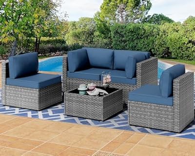 Shintenchi 5 Pieces Outdoor Patio Furniture Sets, Patio Sectional Sofa Couch, Silver Gray PE Wicker Furniture Modular Patio Conversation Sets Patio Sofa with Washable Cushions & Table (Aegean Blue)
