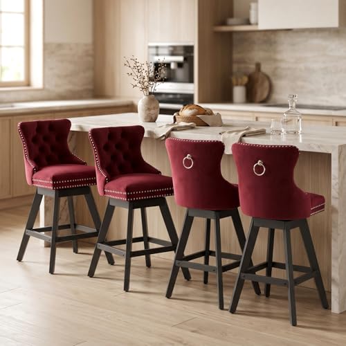 Set de 4 Butacas de Bar Giratorias, Terciopelo Rojo, Altura para Barra con Respaldo | Butacas Giratorias para Barra con Asiento Acolchonado, Respaldo Curvado, Patas de Madera Maciza y Detalle de Tachuelas miniatura 1