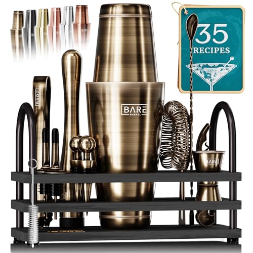 BARE BARREL® Mixology Bartender Kit Bar Set | 14-Piece Cocktail Shaker Set | Martini Barware Mixing Tools for Home Bartending | 35 Recipe Cards | Gift Set (28oz Boston Shaker, Brass/Black)