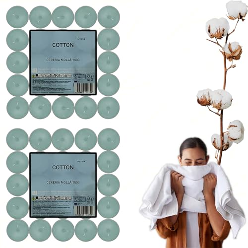 Sicignano | Lumino Candele Profumate Cera Tea Light Cotton Confezione 50 Pezzi, Dimensione 3.8x1.9h cm, Durata 4 ore, Utili per Decorazioni Casa Cena Atmosfera