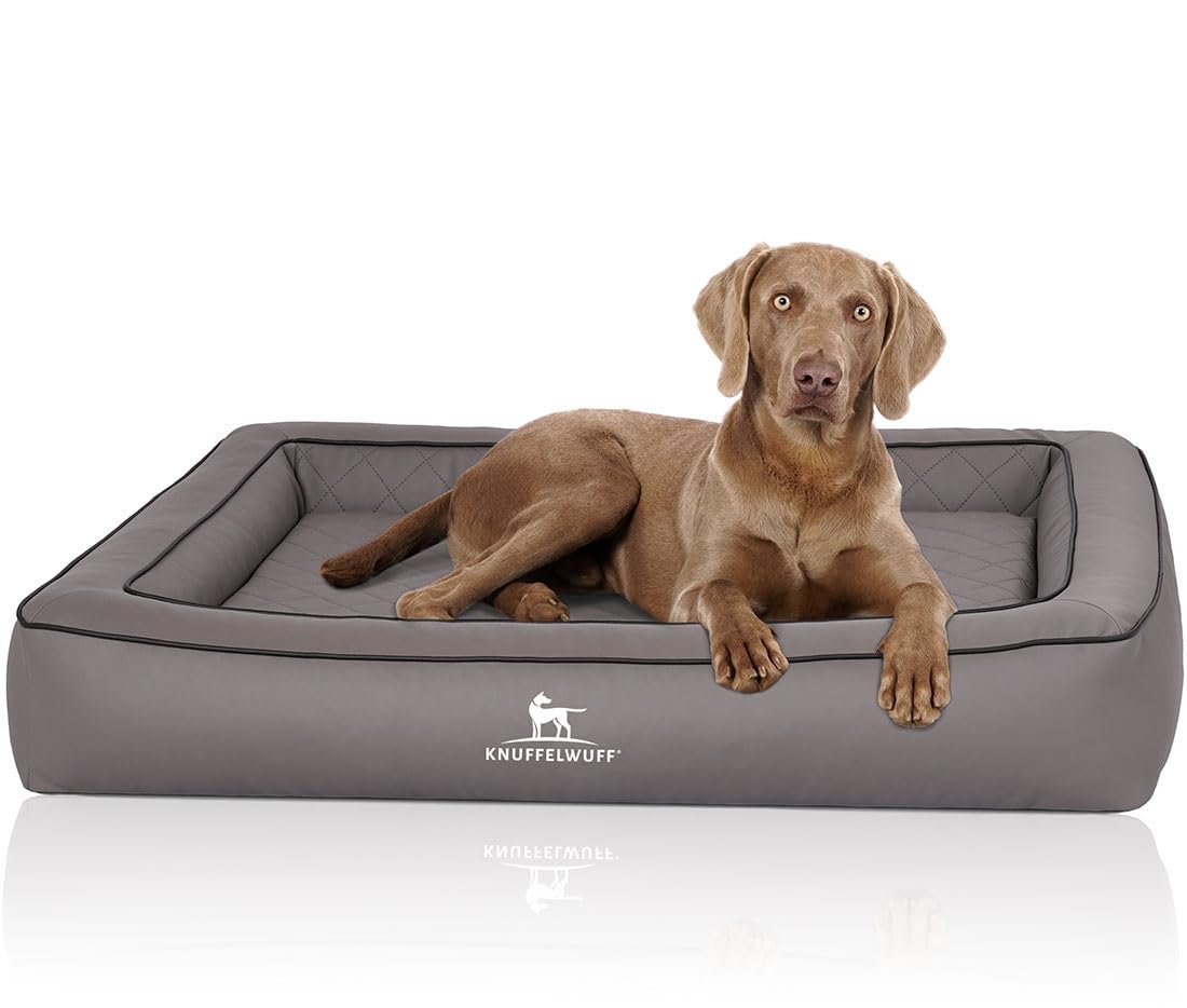 Knuffelwuff Orthopädisches Hundebett aus Laser gestepptem Kunstleder Hampstead XL 105 x 80cm Grau