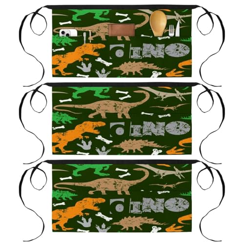Lot de 3 tabliers courts de chef à motifs dinosaures avec 3 poches pour cuisine