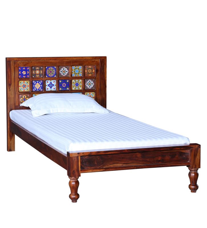 Image of Solid Sheesham Wood Anamika Single Bed Without Storage | Wooden Single Bed Cot Palang Furniture for Bedroom Living Room Home and Hotel (Honey Oak Finish)