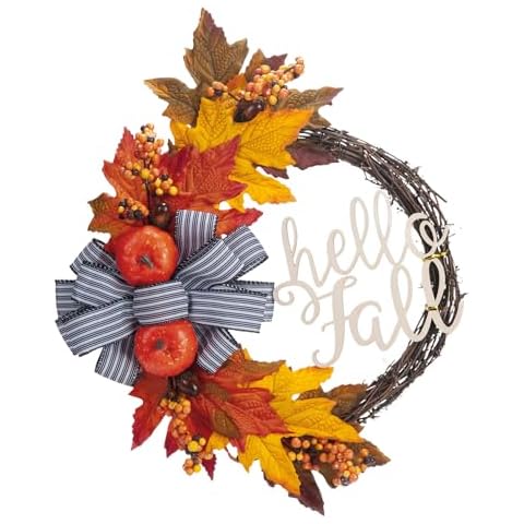 Velener 16 Inch Fall Wreaths for Front Door with Pumpkin & Fall Leaves -Thanksgiving Harvest Front Door Wreath Decor, Farmhouse Outdoor Fall Wreath, Orange Autumn Wreath with Bow for Outside/Indoor Cover