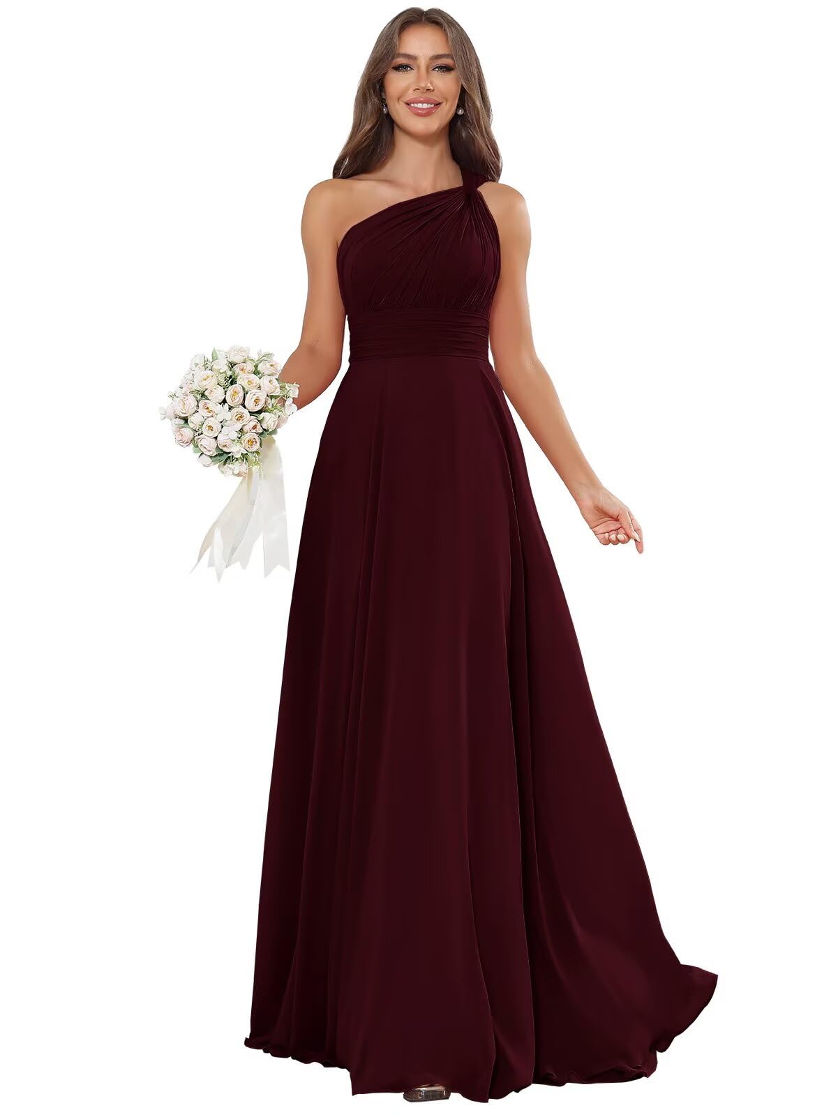 Qgeno One Shoulder Bridesmaid Dresses Ruched Chiffon Long Formal Gown