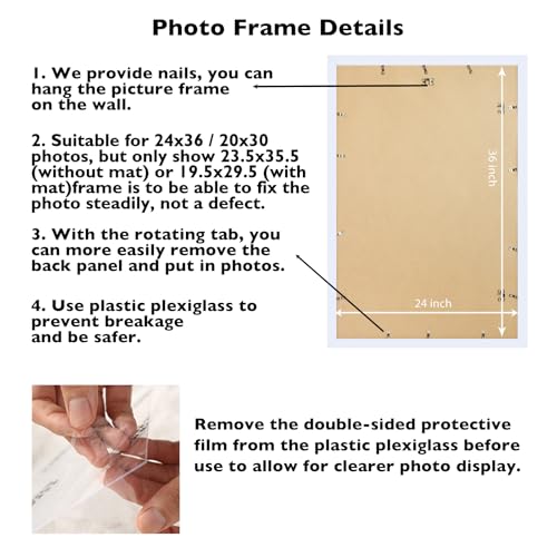 Image of JCJMY 24x36 Picture Frame with 20x30 Mat, Display Photo 20x30 with Mat or 24 x 36 Without Mat, Wall Hanging Large 24 by 36 Poster Frame with Plexiglass, White