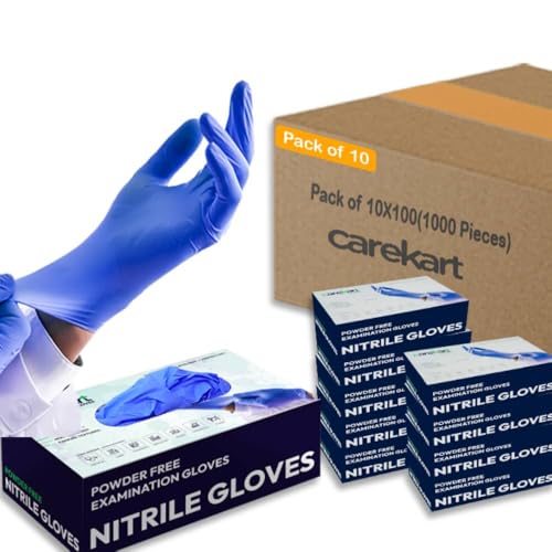 Image of Carekart Nitrile Gloves 1000 Pieces (10 X 100) | Made in Malyasia | Powder-Free Non-Sterile Disposable Glove - Blue, Medium