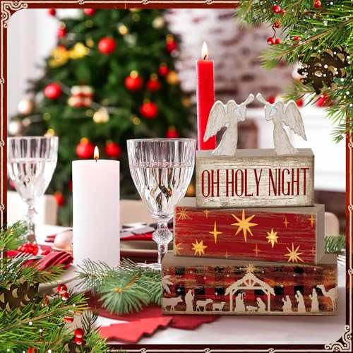 Image of Moucuny 4 Pcs Wooden Christmas Nativity Tiered Tray Decor Rustic Wood Angel Block Sign Gift Kitchen Centerpiece Nativity Scene Table Decor (Jesus)