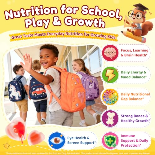 Image of Kids Methylated Multivitamin Gummies with Omega 3 DHA /EPA, Methyl 12 & Folate, Lion's Mane Mushroom, Vitamin D3, C, Zinc, Magnesium, Picky Eater Vitamins Children 4+ for Brain, Focus, Sugar Free, 60Ct
