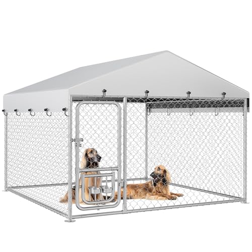 YITAHOME Outdoor Dog Kennel with Rotating Feeder Bowls, 7.5'x7.5' Outdoor Dog Enclosure with Roof,...