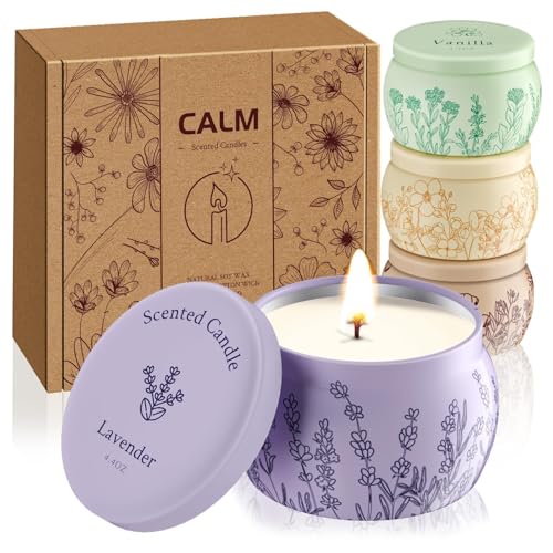 Scented Candles for Mom, 17.6oz Romantic Jar Candles for Women Girl Candle Set, 120H Burning, Soy Candle for Home Scented, Mother's Day,Birthday,Lavender | Vanilla | Rose & Sandalwood | Jasmine -4Pack