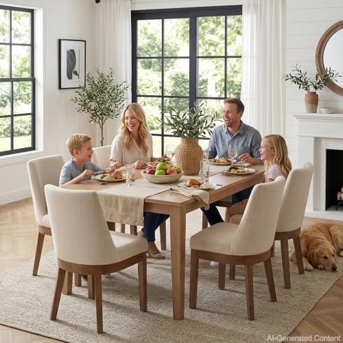 Image of HNY Beige Linen Fabric Dining Chairs Set of 2 with Comfortable Back Support | Modern Soft Upholstered Dining Room Chairs with Sturdy Solid Wood Frame, Farmhouse Kitchen Chair for Living Room, Apartment