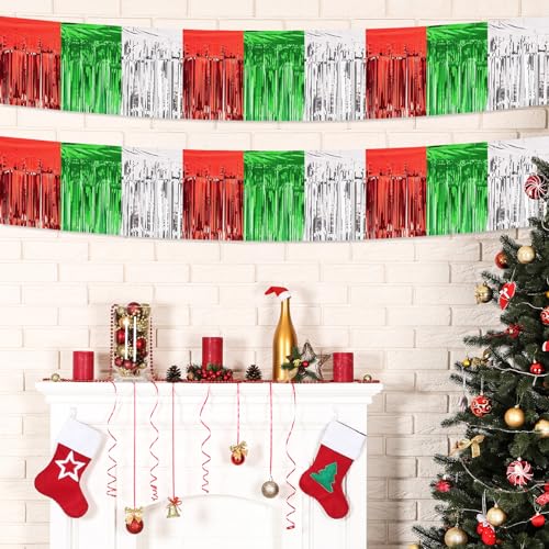 Image of 5 Pack 10 Feet Christmas Foil Fringe Garland Red Silver Green Fringe Garland for Christmas Party Decorations Parade Float Fringe Tinsel Banner for Birthday Party New Year Decor