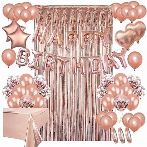 Areebz 82pc Rose Gold Birthday Party Decorations Happy Birthday decoration banner Latex Confetti Star Heart foil Balloons tassel curtain tablecloth for Girls Women Party Supplies