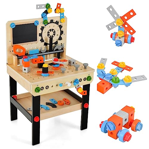 DREAMADE Jouet Bricolage Enfant, Etabli Bricolo Center en Bois, Jouet en Bois Établi du Bricoleur avec 6 Outils & 75 Accessoires pour 3+ Ans (Noir)