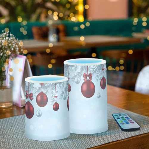 Image of Christmas Lights Decorations Flameless Candles New Year Fir Branches Red Christmas Balls Pillar Candles Set of 2 Battery Operated Remote Control Warm Lights