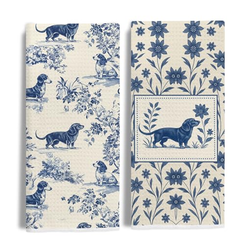 Image of Blue Chinoiserie Dachshund Kitchen Towels, Dachshund Lover Gifts, Wiener Dog Gifts Dish Tea Towels for Kitchen, Vintage French Toile Dog Decorative Hand Towel for Bathroom, 16x24 Inch Set of 2