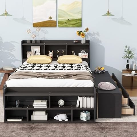 SOFTSEA Full Size Bed Frame with Drawers, Platform Bed with Underbed Storage Drawers and Bed End Storage Case, Wood Platform Bed Frame with Storage Headboard, No Box Spring Needed, Espresso Cover