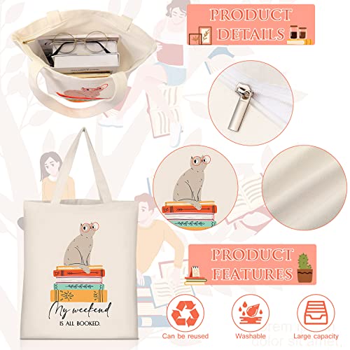 Image of Sieral 2 Pcs Book Lovers Gifts Canvas Tote Makeup Bag Set, Cat | Reusable, Cat Print Design, Multi Purpose Shopping Cosmetic Storage Pouch, Metal Zipper, for Readers Teachers Women