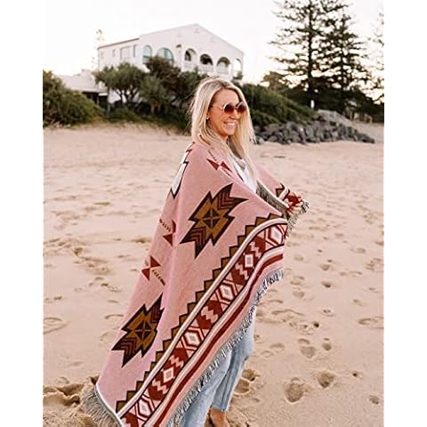 Pink Vanlife Blanket Ethnic Mexican Rugs Picnic Outdoors Camping Hiking mat Party Couch Throws Brown Aztec Tribal Ethnic (50"X60")…………… Cover