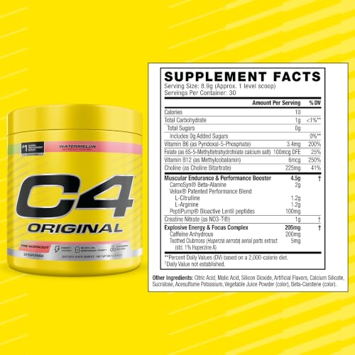 Image of C4 Original Pre Workout Powder Sugar Free for Men & Women 200mg Caffeine + CarnoSyn Beta-Alanine + Creatine + AI Peptides - Watermelon, 30 Servings