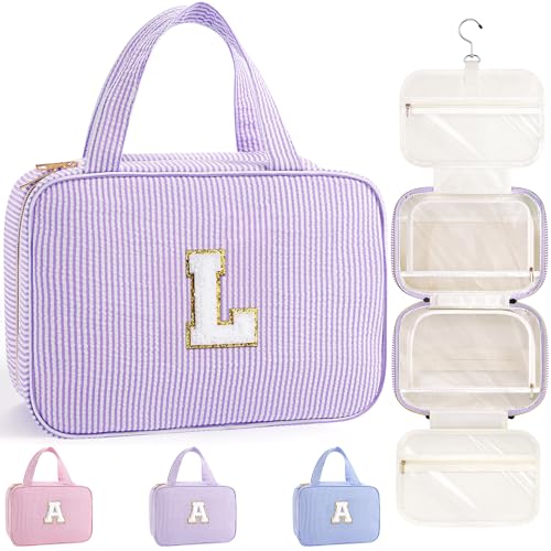 TOPEAST Travel Hanging Toiletry Bag, Personalized Initial Toiletry Pouch, Birthday Gifts for Women Mom Daughter Sister Friends, Cruise Essentials, Purple L