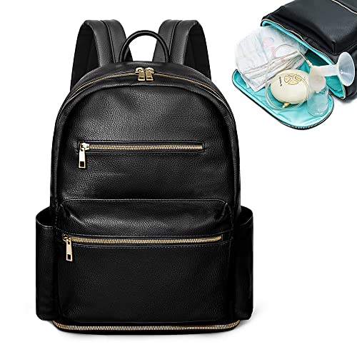 Image of MOMINSIDE Small Diaper Bag Backpack, 13 Pockets Leather Mini Baby Bag Backpack, Breast Pump Bag, 13 Inch Laptop Sleeve, 2 Insulated Pockets, Bottom Compartment(Black)