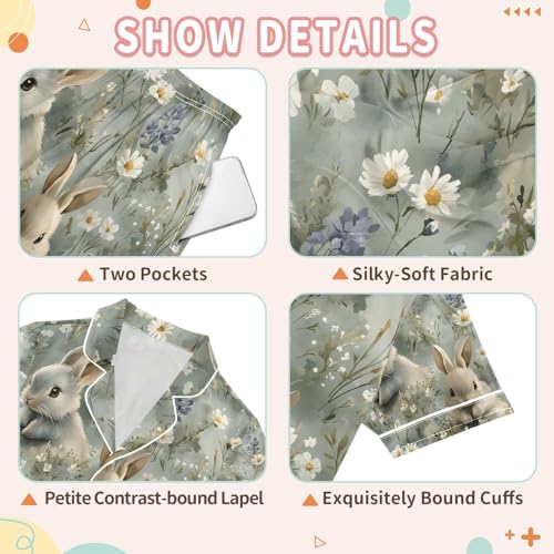 senya Watercolor Bunnies Rabbits1 Satin Summer Pajama Sets Silk Short Sleeve Button Down Sleepwear3