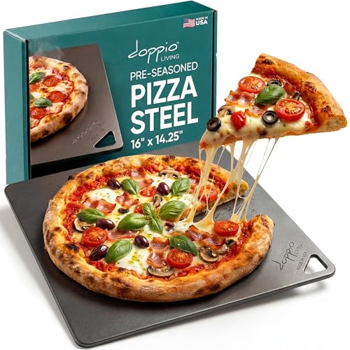 Doppio Living Pizza Steel for Oven | Made in USA | 16 x 14.25 | Pre-Seasoned Baking Steel for Bread Pizza Sourdough & More | Premium Quality Crust at Home | Use in Oven Grill BBQ | 1/4 Thick