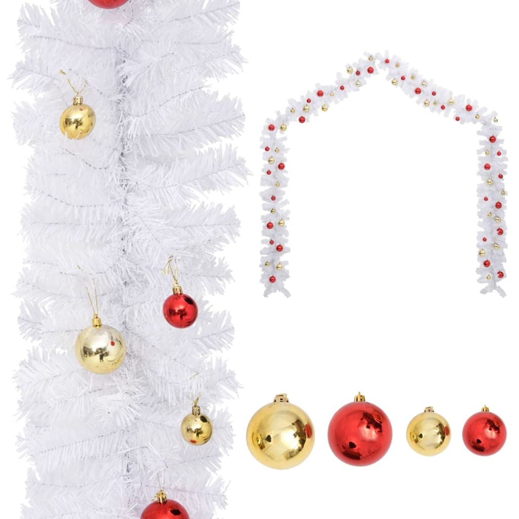 Weihnachtsgirlande Weiß mit Kugeln und Zweigen 10 m Länge, PVC wetterfest, für Innen und Außen, mit 32 roten und goldenen Kugeln, ideal zum Schmücken von Geländer, Kamin