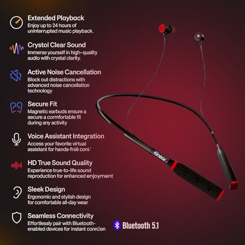 Image of inear MJ-Beat Bluetooth Wireless Neckband Earphones with Mic - Active Noise Cancellation, 24-Hour Music Playback, Type-C Fast Charging, Magnetic Earbuds, Lightweight Design, HD Sound | Red