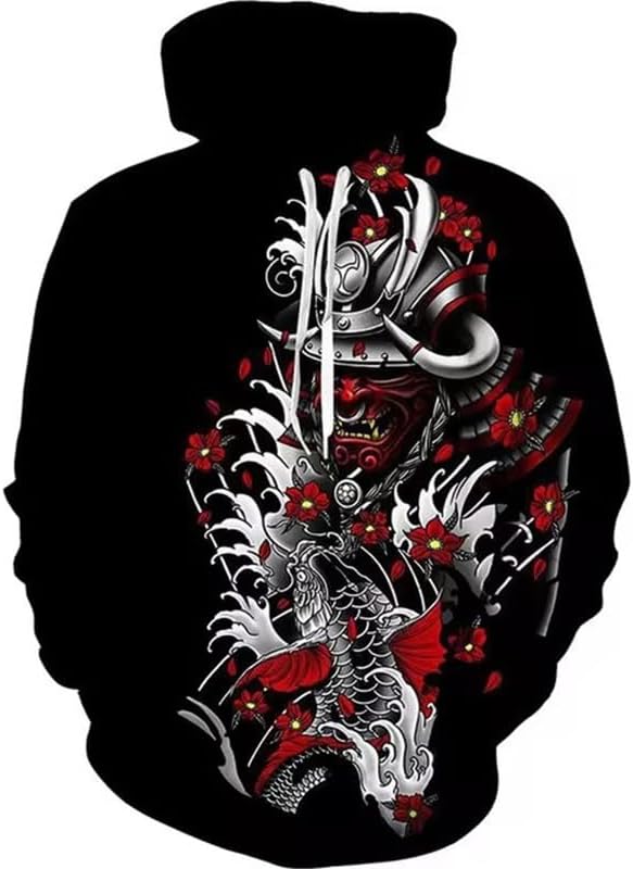 Herren Vintage 3D Druck Hoodies Mode Langärmelige Japanische Samurai Grafik Pullover Unisex Casual Sweatshirt mit Langen Ärmeln