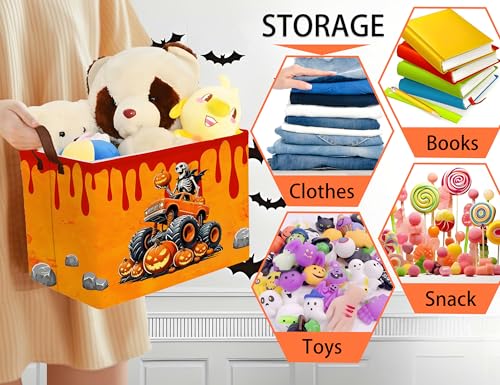 Image of Large Halloween Themed Candy Gift Boo Basket for Kids Baby Personalized Adults Storage Bin Fall Decor(Skeleton Monster Truck)