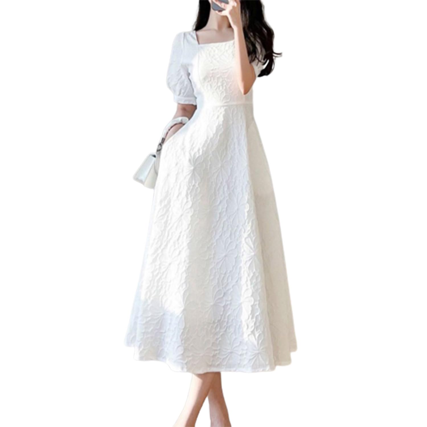 QQLady 2023 Französisches Kleid mit quadratischem Ausschnitt, Damen-Sommerkleid mit quadratischem Ausschnitt und Puffärmeln, Retro-Taille, schlankmachendes, sanftes Kleid (White,Small)